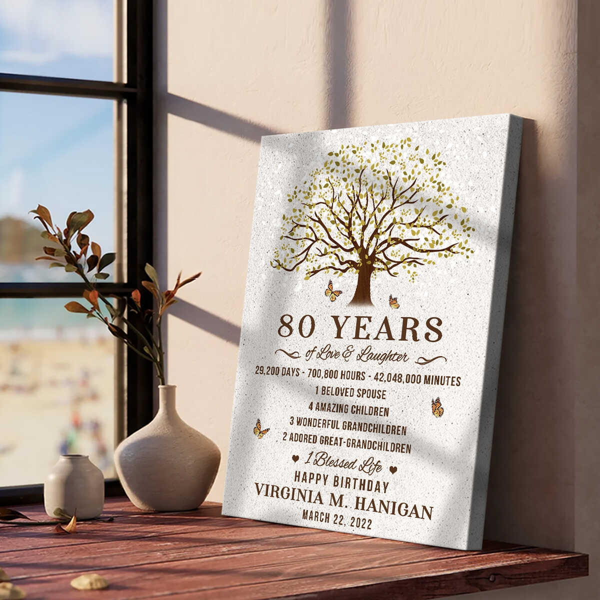80th Birthday Gift, Personalized 80 Years Happy Birthday Tree Canvas, Grandparent Gift From Grandchildren, Custom Family Tree