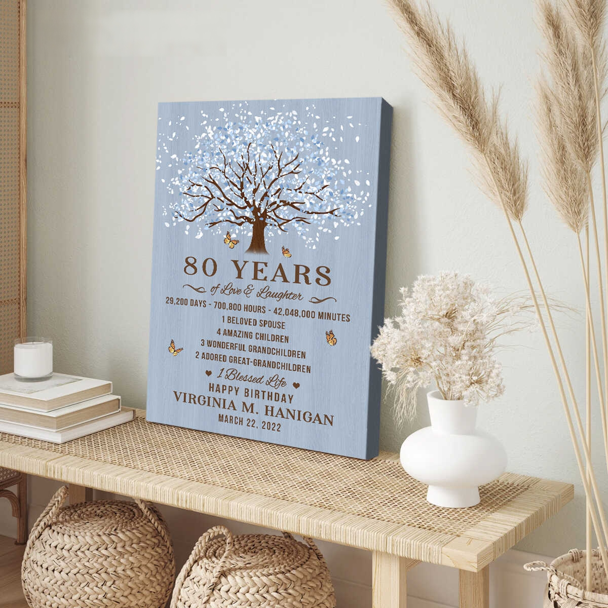 80th Birthday Gift, Personalized 80 Years Happy Birthday Tree Canvas, Grandparent Gift From Grandchildren, Custom Family Tree