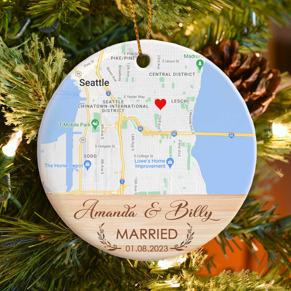 Married Ornament, Custom Map Ornament, Wedding Map Ornament, Personalized Wedding Gift For Couple, Mr and Mrs Gift, Christmas Ornament