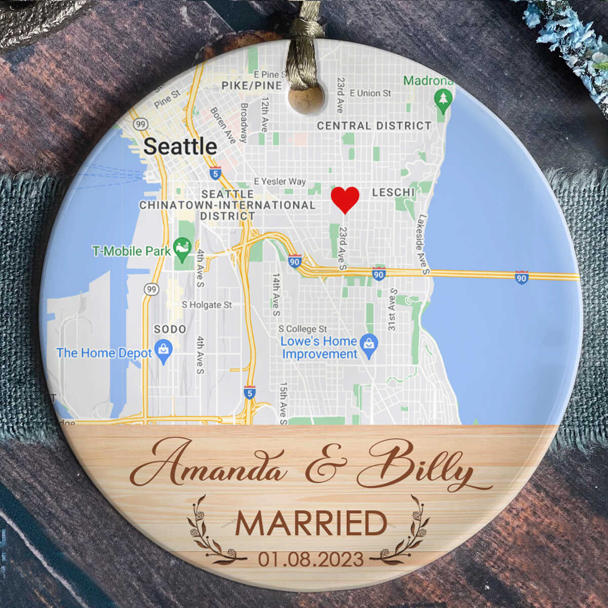 Married Ornament, Custom Map Ornament, Wedding Map Ornament, Personalized Wedding Gift For Couple, Mr and Mrs Gift, Christmas Ornament