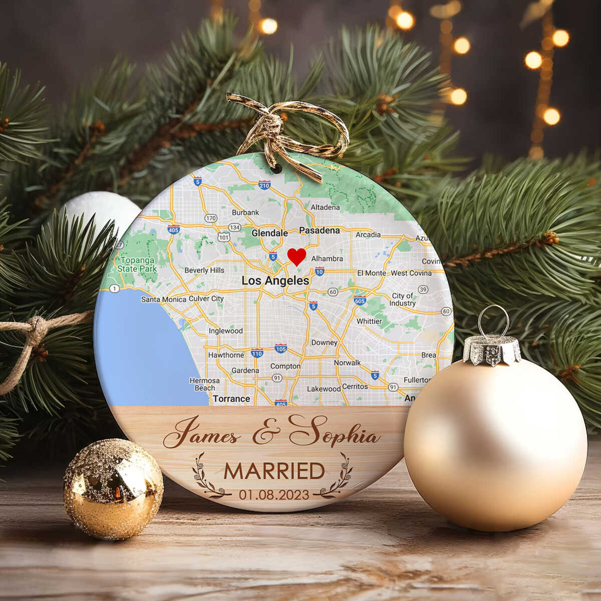 Married Ornament, Custom Map Ornament, Wedding Map Ornament, Personalized Wedding Gift For Couple, Mr and Mrs Gift, Christmas Ornament