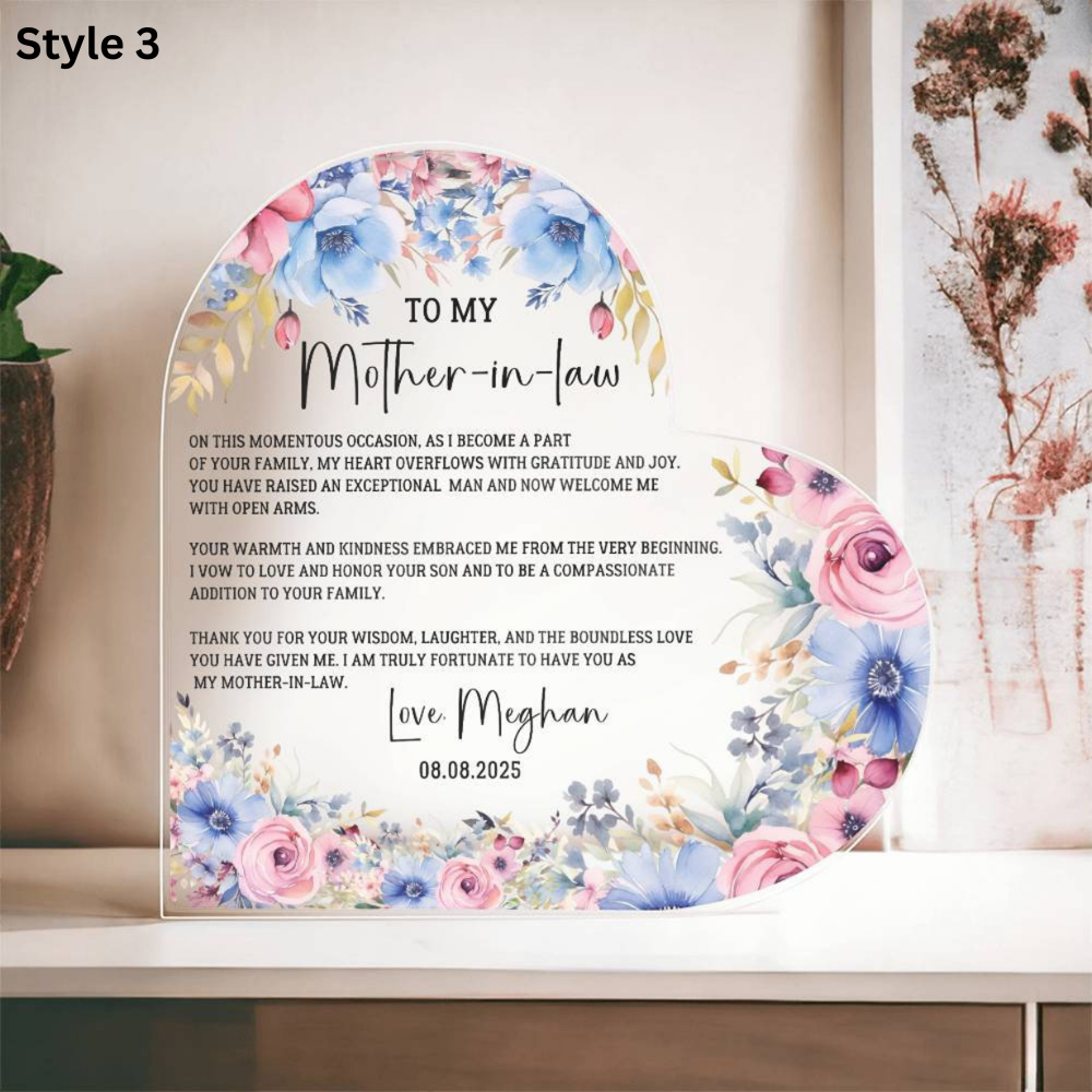 To My Mother-in-law Thank You For Your Wisdom- Personalized Heart Shaped Acrylic Plaque - Gift For Mother-in-law On Mother's Day