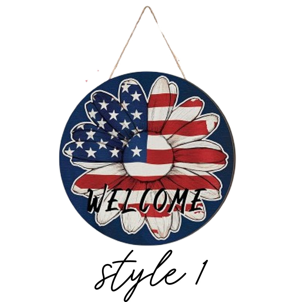 4th of July Patriotic Decorations 4th of July Wreath Independence Day Wooden Door Sign American Patriotic Festival Hanging Ornament Plaque for Memorial Day Home Front Door Decor