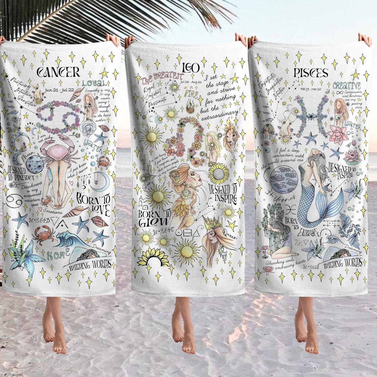 Zodiac Beach Towel Hand Illustrated Gemini Art Whimsical Summer Cloth Pisces Personalized Birthday Gift Women Astrology Present Daughter t.jpg
