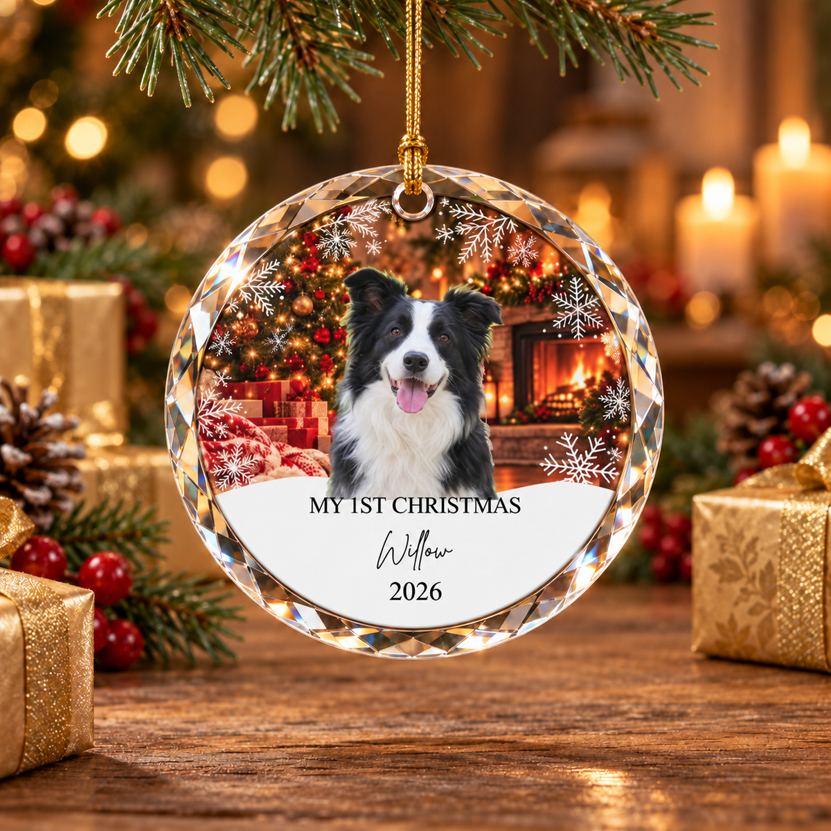 Dog First Christmas crystal ornament — Willow 2026, festive gift-table lifestyle scene