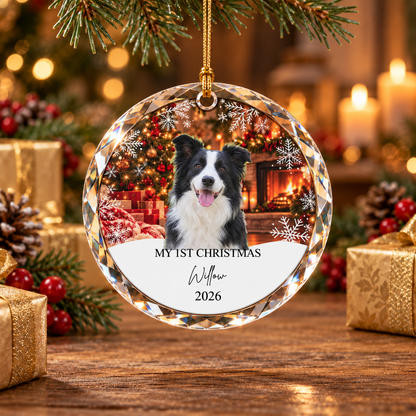 Dog First Christmas crystal ornament — Willow 2026, festive gift-table lifestyle scene