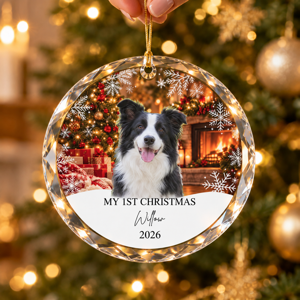 Dog First Christmas crystal ornament — Willow 2026, hand-held lifestyle scene