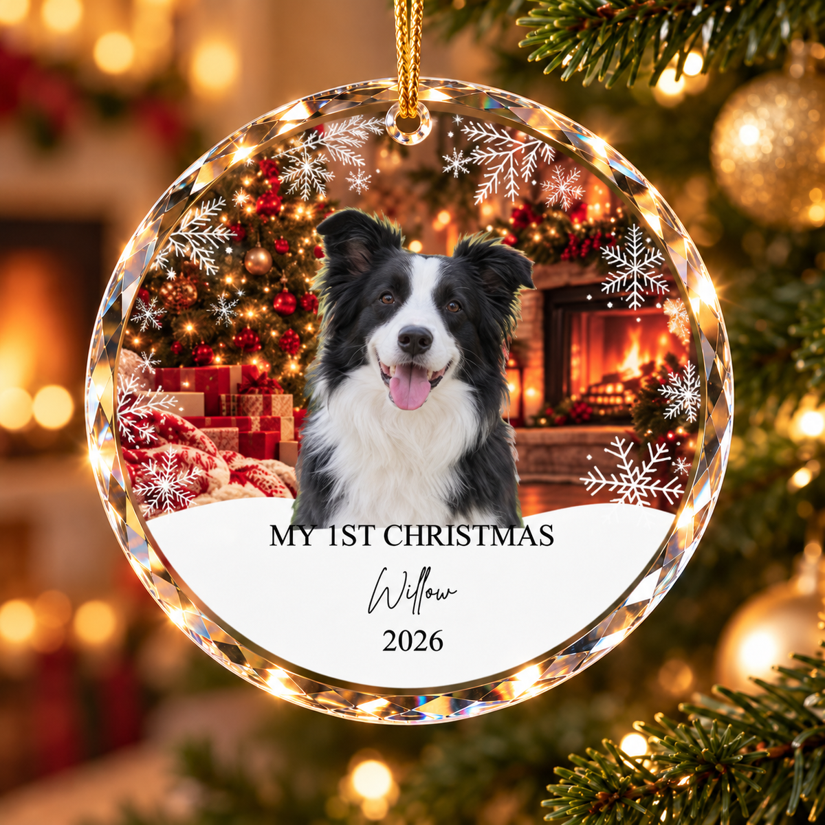 Dog First Christmas crystal ornament — Willow 2026, Christmas-tree lifestyle scene