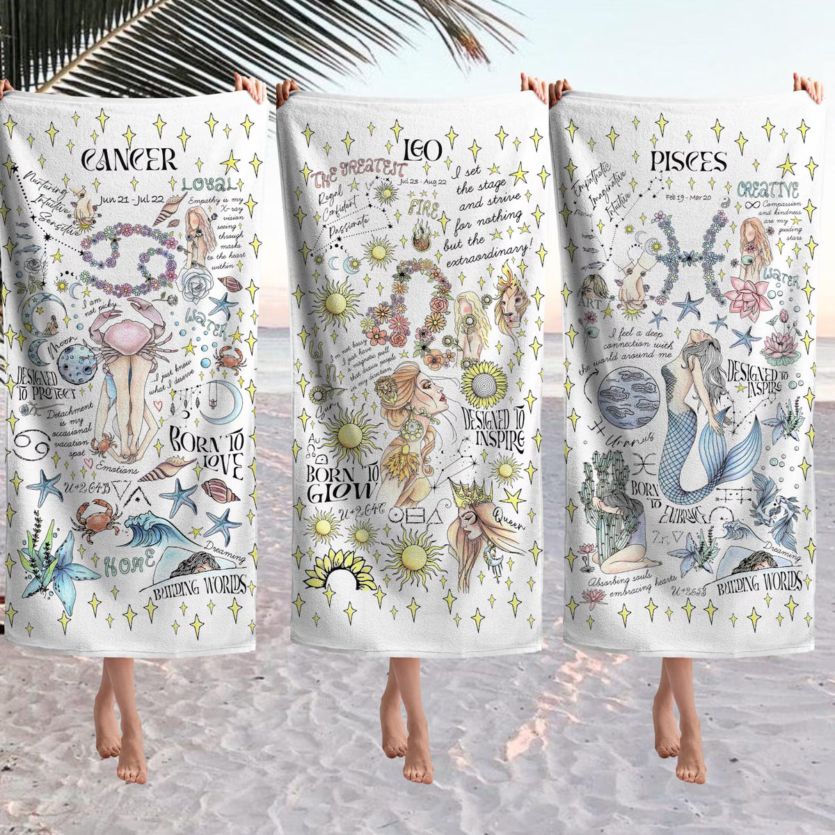Zodiac Beach Towel Gemini Art Whimsical Summer Cloth Pisces Personalized Birthday Gift Women Astrology Present Daughter