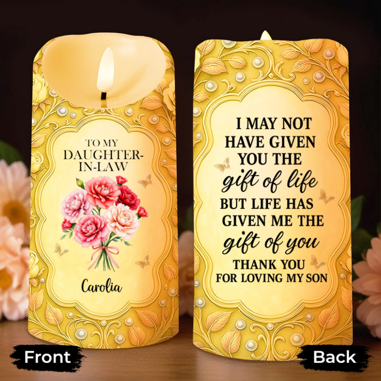 To My Daughter-In-Law, Gift Of Life, Flowers and Butterflies, Custom LED Candle, Gift For Daughter-In-Laws