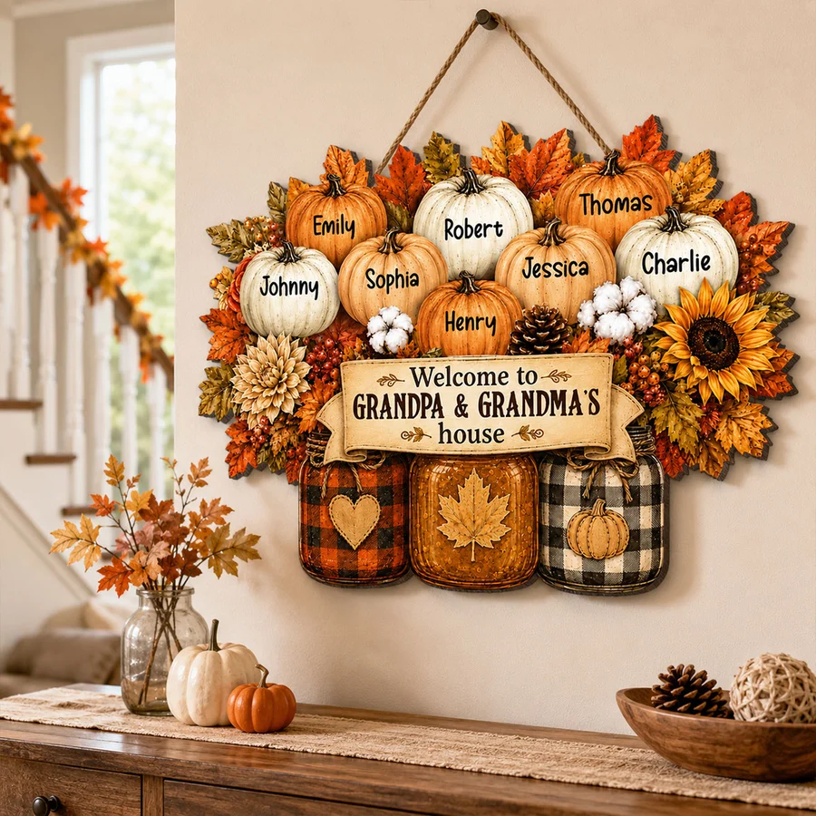 Welcome To Grandma Grandpa House - Personalized Wood Sign - Fall Decoration For Grandparents