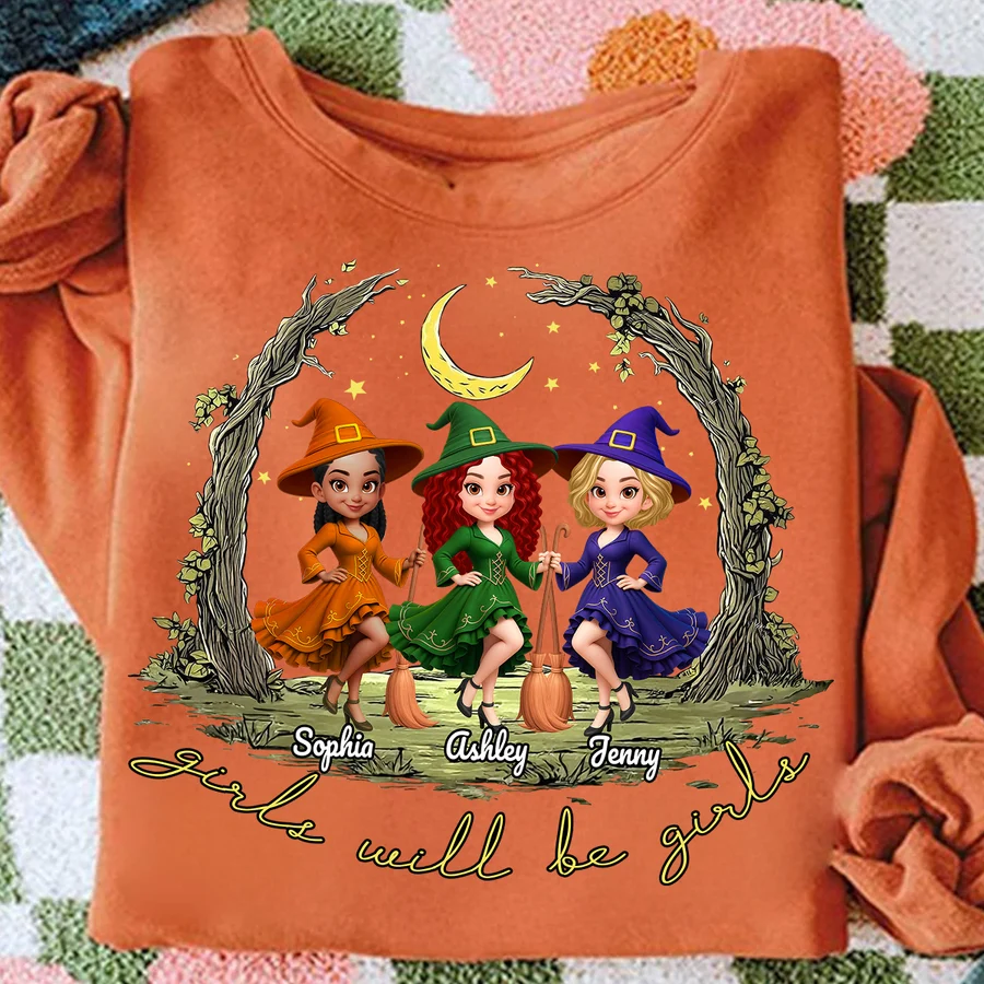 Halloween Witch Besties Sisters Friends Under Moon Personalized Sweatshirt, Halloween Matching Shirt