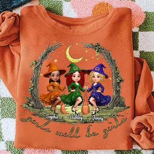 Halloween Witch Besties Sisters Friends Under Moon Personalized Sweatshirt, Halloween Matching Shirt