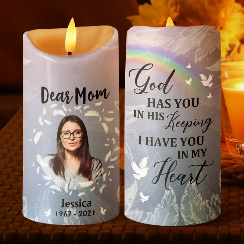 Custom Photo God Has You In His Keeping We Have You In Our Hearts - Personalized Flameless LED Candle