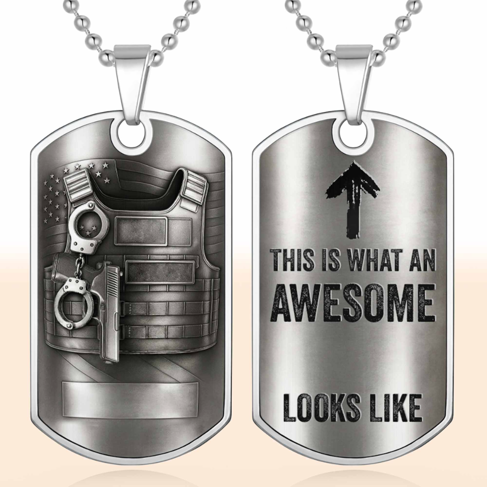 To My Brave Officer, Badge, Gun And Handcuffs, Personalized Dog Tag Necklace, Gift For Law Officers