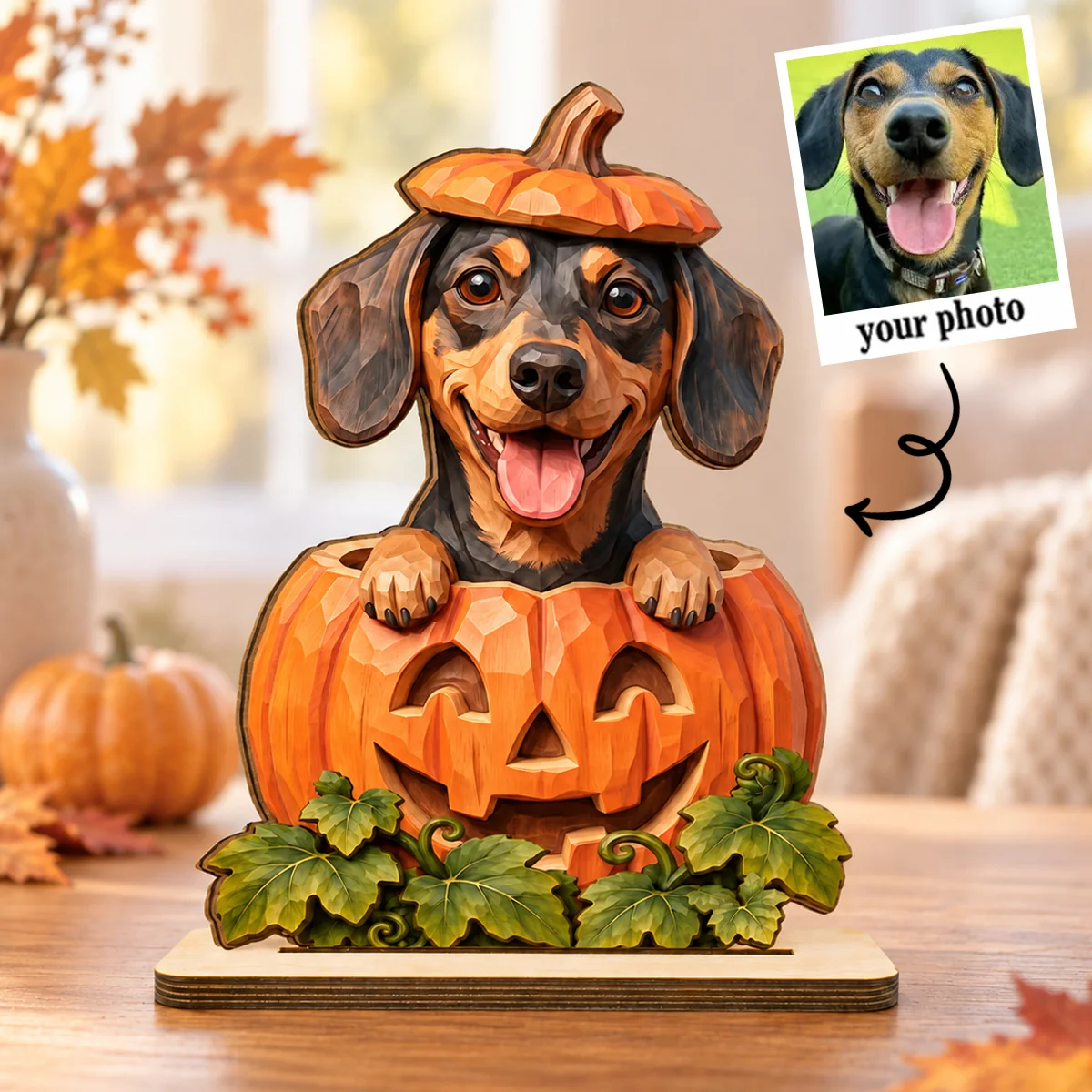Custom Dog Cat Pumpkin Art - Personalized 2-Layered Wooden Plaque - Pet Halloween Fall Decor