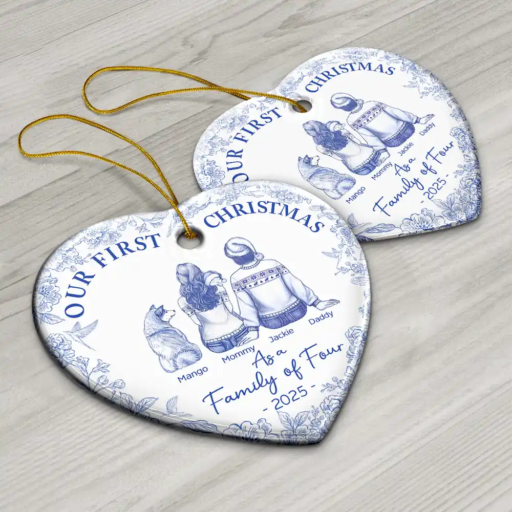 First Christmas As A Family Of Three New Parents Toile - Personalized Heart Ceramic Ornament