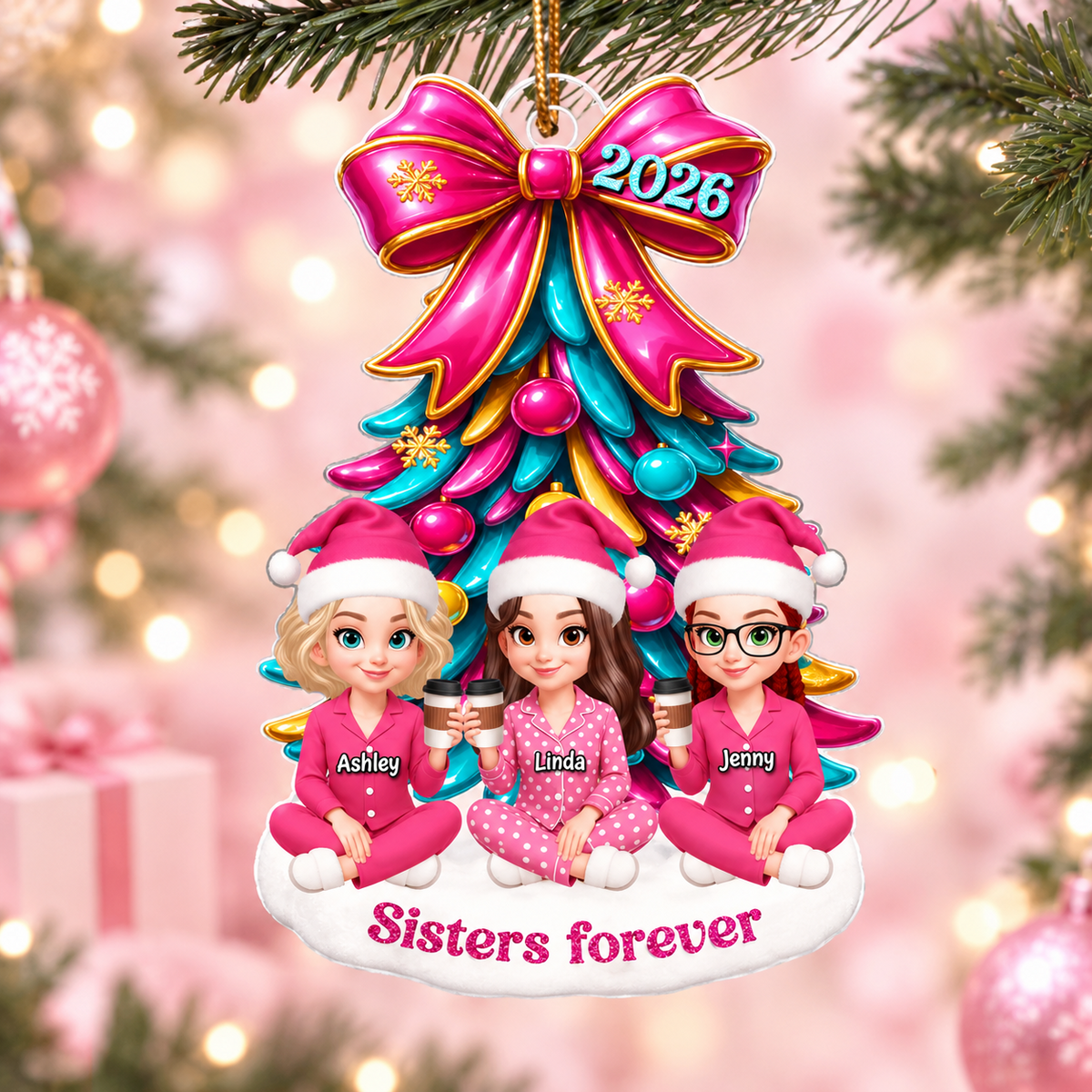 Besties Sitting Under Pink Christmas Tree Personalized Acrylic Ornament, Christmas Gift for Best Friends, Sisters