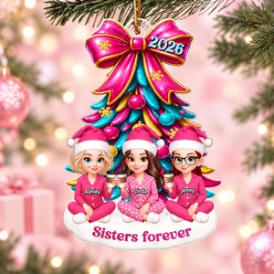 Besties Sitting Under Pink Christmas Tree Personalized Acrylic Ornament, Christmas Gift for Best Friends, Sisters