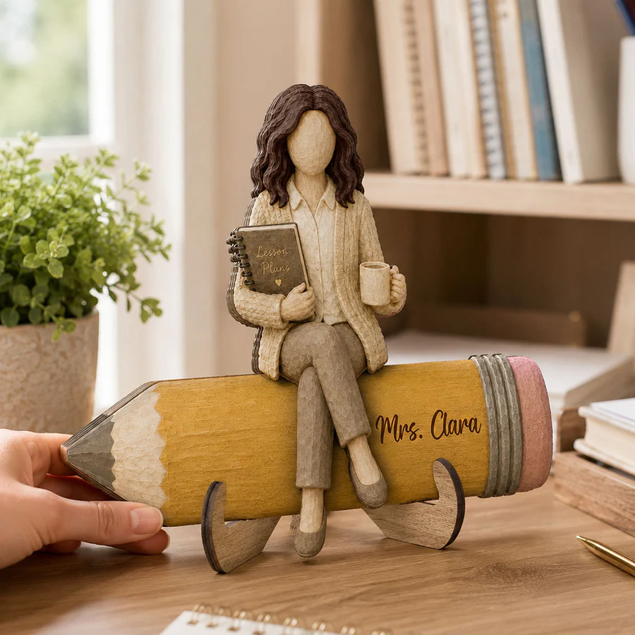 Teacher Sitting On Pencil 2D Flat - Personalized Wooden Plaque - Back To School Gift