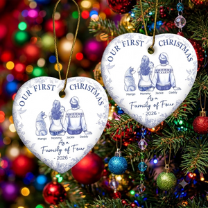 First Christmas As A Family Of Three New Parents Toile - Personalized Heart Ceramic Ornament