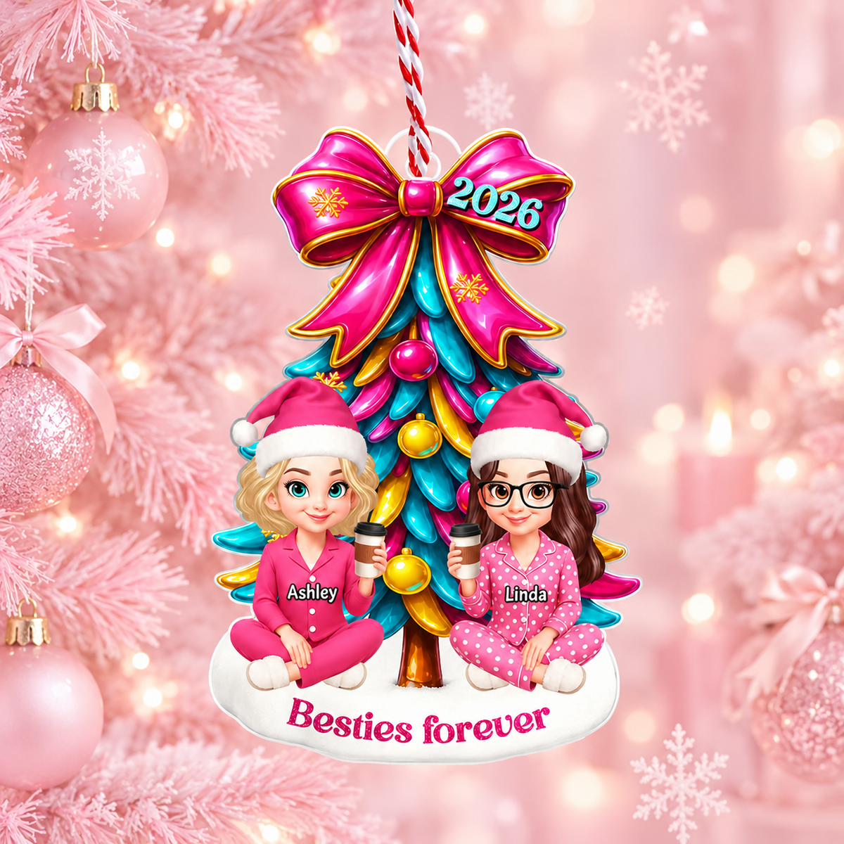 Besties Sitting Under Pink Christmas Tree Personalized Acrylic Ornament, Christmas Gift for Best Friends, Sisters