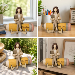 Teacher Sitting On Pencil 2D Flat - Personalized Wooden Plaque - Back To School Gift