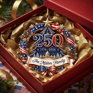 250 Years Strong, Forever Proud Custom Family Name Patriotic Christmas Ornament