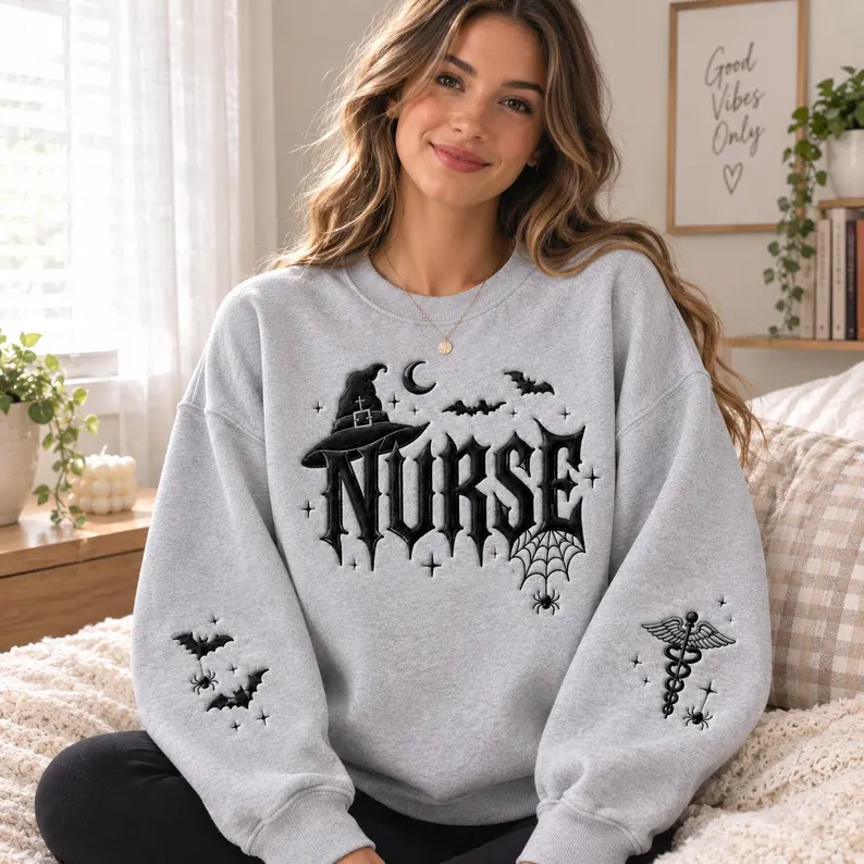 Nurse Halloween Sweatshirt, Spooky Nurse Crewneck, Gothic Medical Shirt, Bat Spider Web Sleeve Embroidery, Nurse Gift