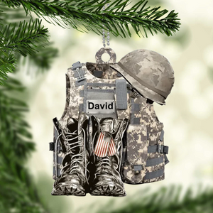 PERSONALIZED FLAT ACRYLIC ORNAMENT MILITARY UNIFORM BOOTS & HAT