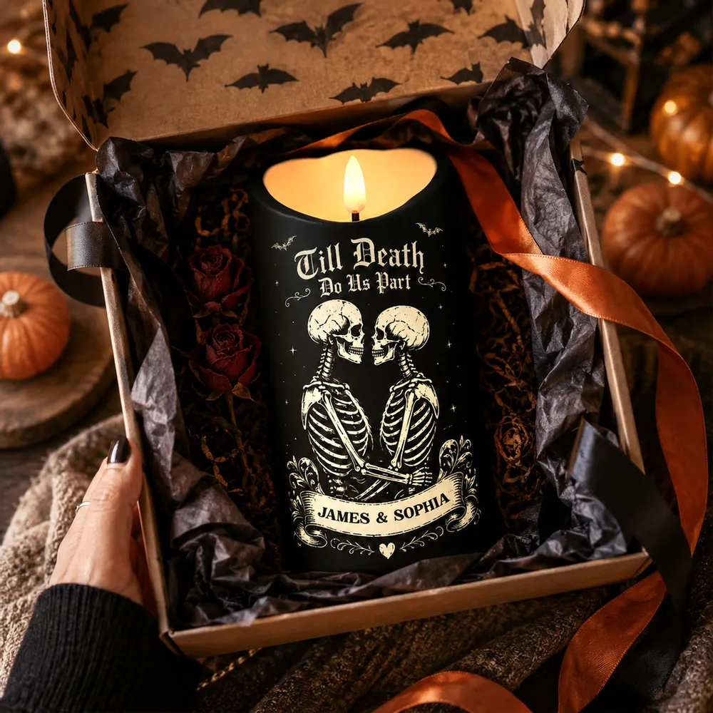 Till Death Do Us Part Skeleton Couple Black Theme - Personalized LED Candle - Halloween Decor For Couple