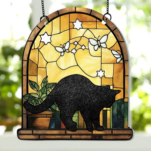 Personalised Stained Glass Style Black Cat Acrylic Ornament Window Balcony Decor Birthday Gift for Friend Family Pet Lover