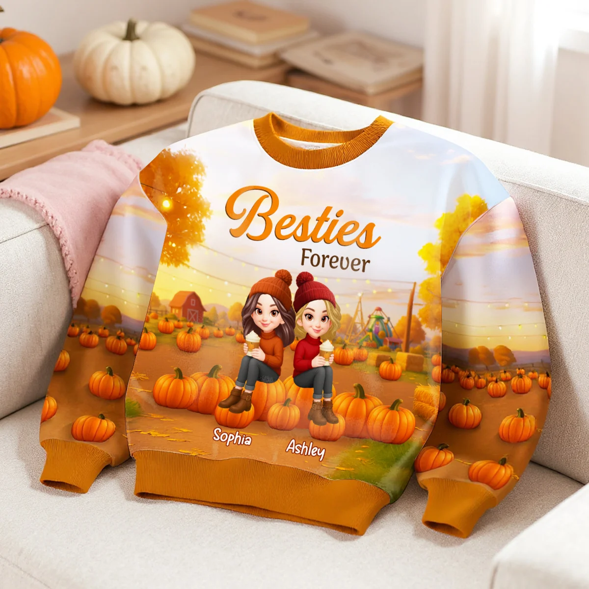Fall Season Besties Sitting On Pumpkins Personalized 3D Sweatshirt