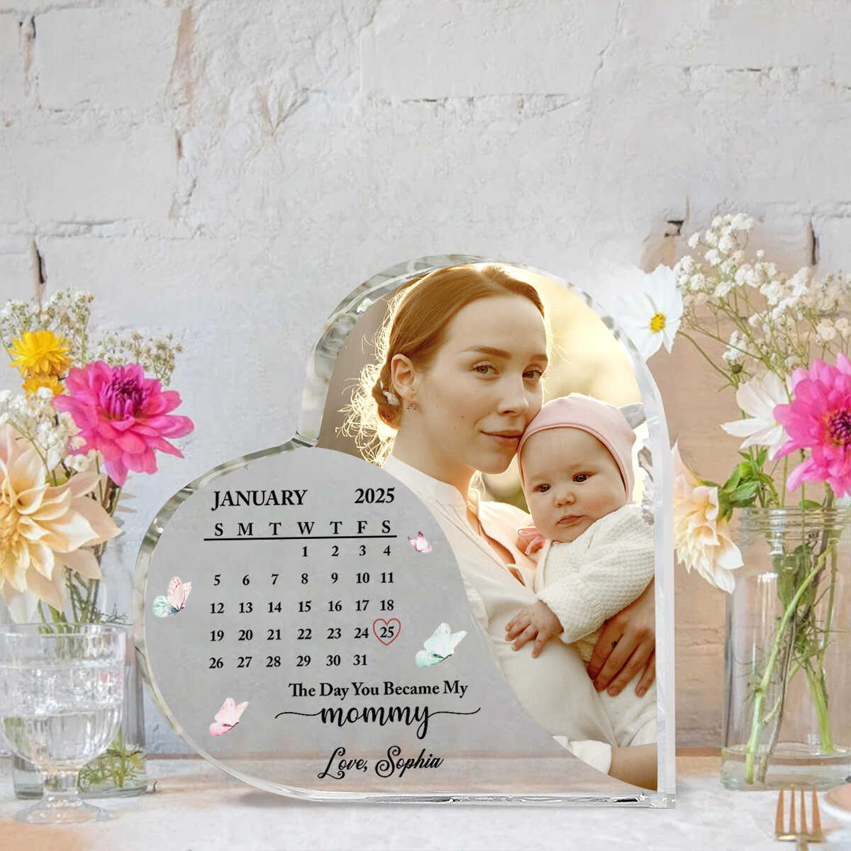 The Day You Became My Mommy Heart Acrylic, Happy First Mother s Day Gift, Calendar with Photo, Gift Idea from Daughter