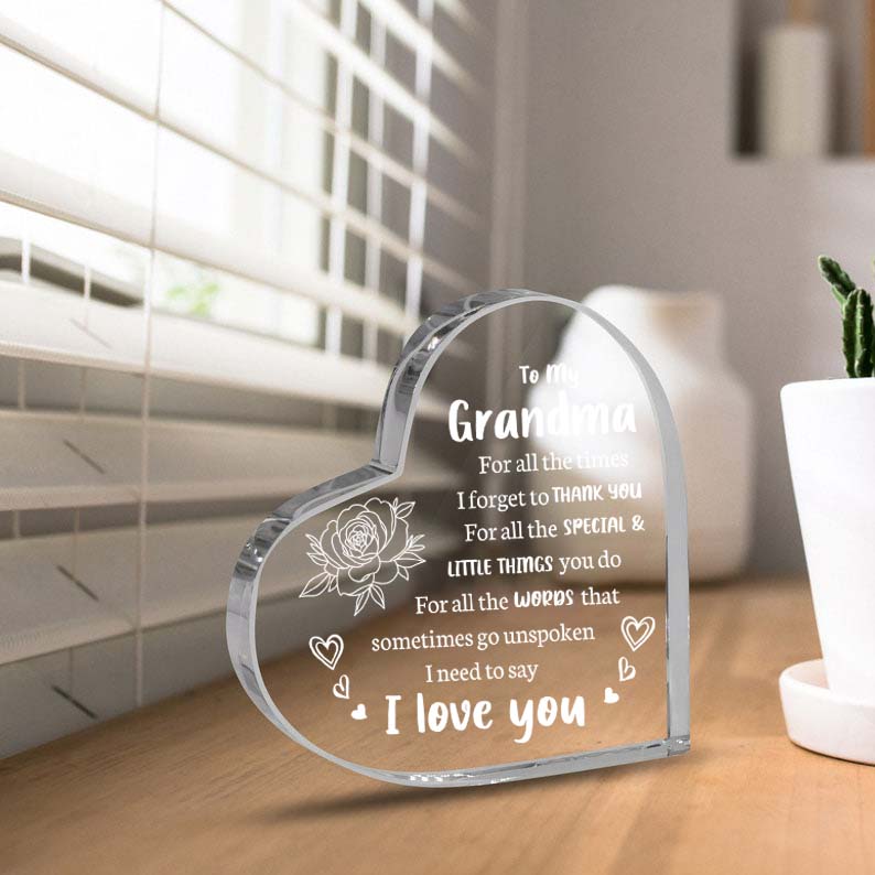 Gifts for Mom Grandma From Daughter Son Grandkid, Heart Shaped Acrylic Block For Moms - I Love You Cute Mum Plaque for Thanksgiving, Birthday, Christmas