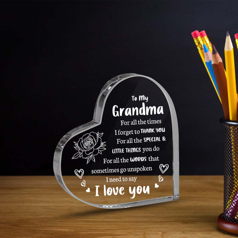 Gifts for Mom Grandma From Daughter Son Grandkid, Heart Shaped Acrylic Block For Moms - I Love You Cute Mum Plaque for Thanksgiving, Birthday, Christmas