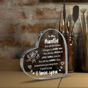 Gifts for Auntie From Niece Nephew, Heart Shaped Acrylic Block For Aunt - I Love You Cute Mum Plaque for Thanksgiving, Birthday, Christmas Mother's Day