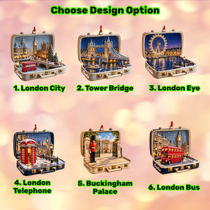 Personalized London Suitcase Christmas Ornament – 3D Big Ben & Red Bus, Custom Name Souvenir Gift for Travelers