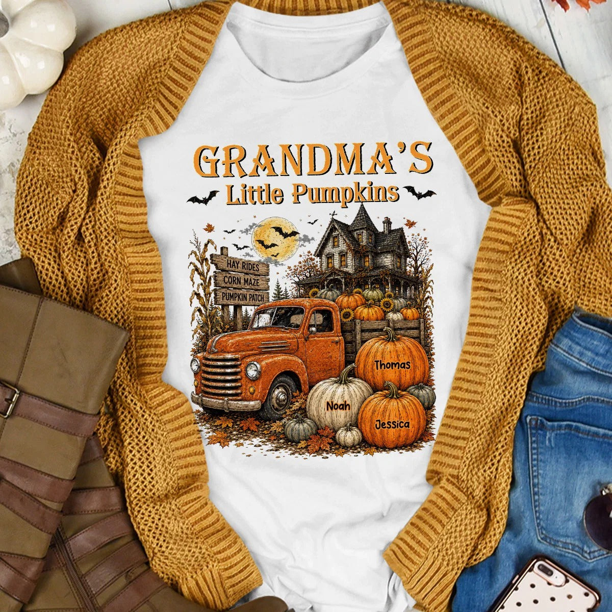 Halloween Town Style Grandma's Little Pumpkins Truck - Personalized Shirt - Halloween Gift For Grandma