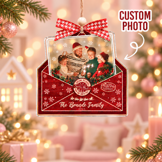 Personalized Family Photo Christmas Ornament 2026, Custom Envelope Acrylic Ornament, Family Name Keepsake, Holiday Tree Decoration, New Year Gift, Photo Christmas Decor