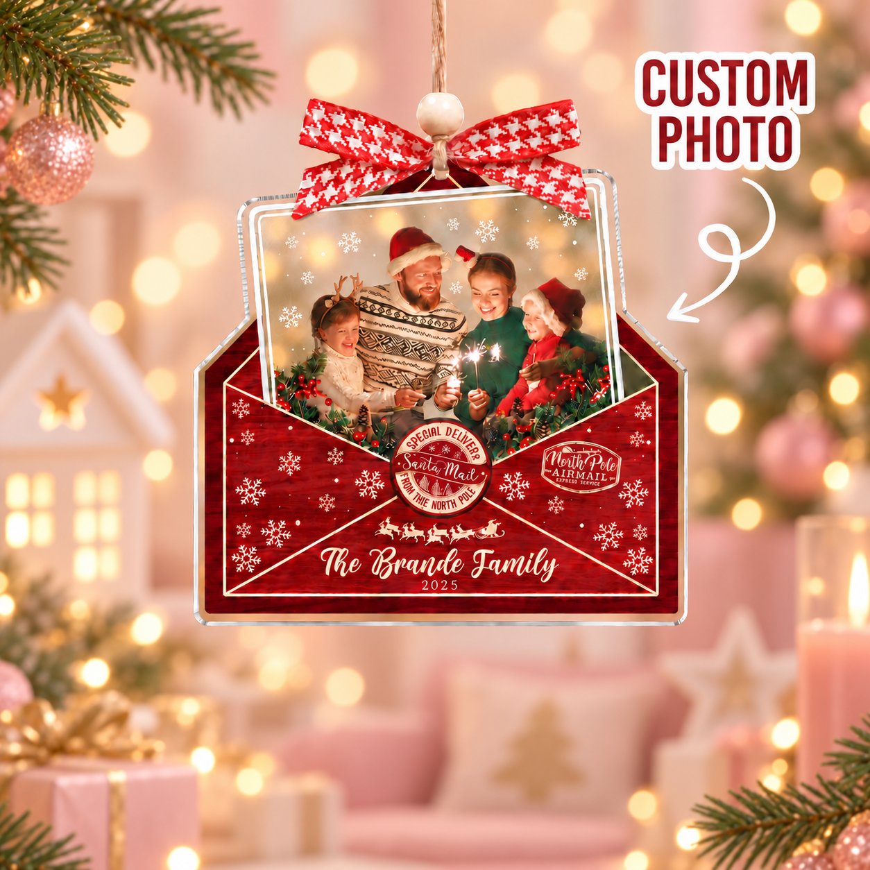Personalized Family Photo Christmas Ornament 2026, Custom Envelope Acrylic Ornament, Family Name Keepsake, Holiday Tree Decoration, New Year Gift, Photo Christmas Decor