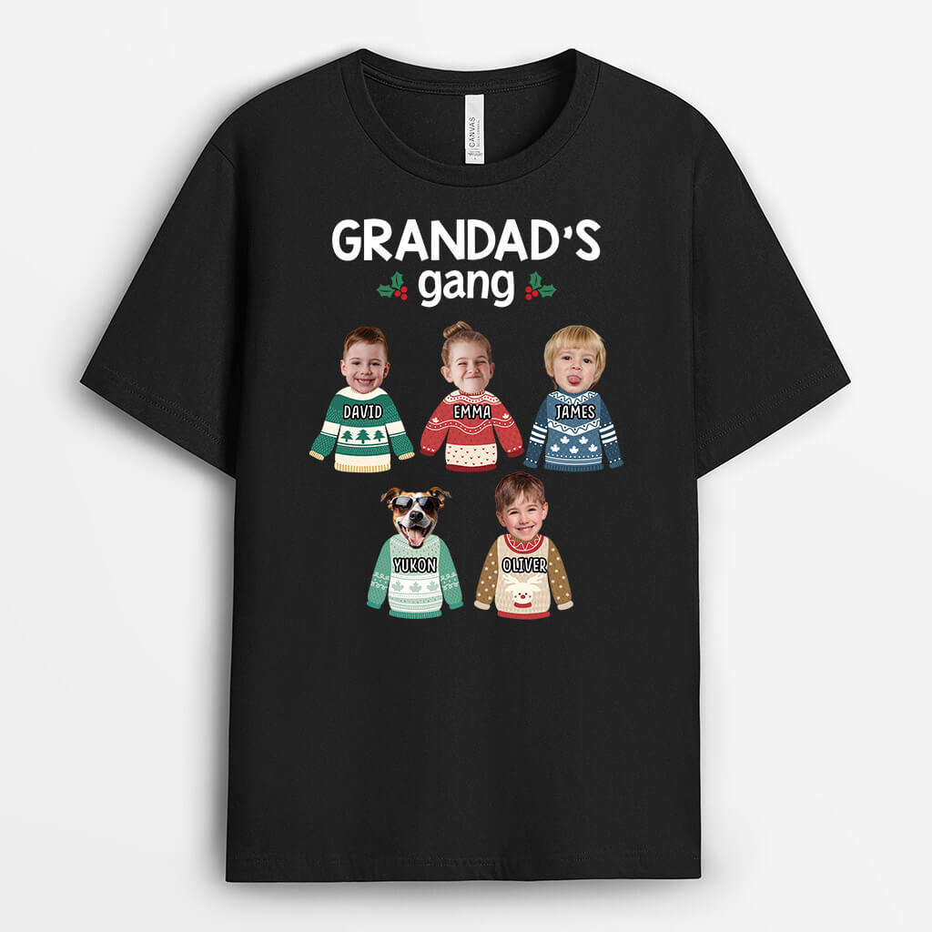 Personalised Grandad's Gang Christmas With Grandkids & Pets' Face T-shirt Sweatshirt Hoodie