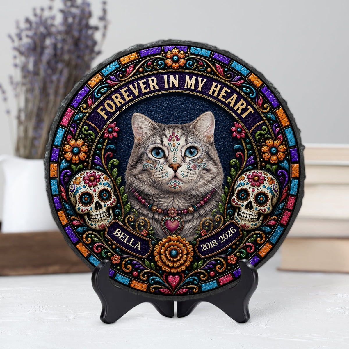 Personalized Forever in My Heart Cat Photo Memorial Garden Stone - Day of the Dead Gifts