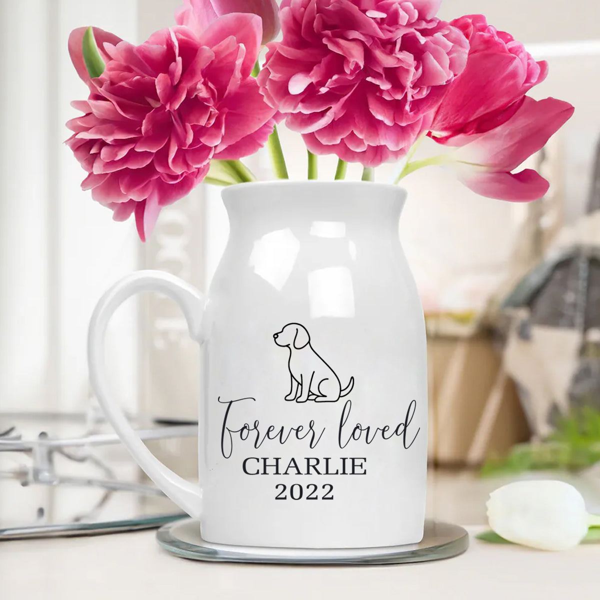 Personalized Dog Memorial Gift Planter - White Ceramic Pot w/ Bamboo Tray - Forever Loved - Dog Sympathy Gift - Pet Memorial Customize With Dog Breed