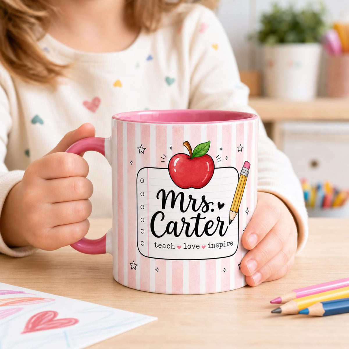 Personalized Teacher Mug with Name, Custom Striped Teacher Coffee Cup, Teacher Appreciation Gift, Back to School Gift, Custom Apple Mug