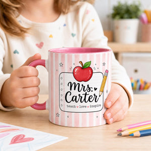 Personalized Teacher Mug with Name, Custom Striped Teacher Coffee Cup, Teacher Appreciation Gift, Back to School Gift, Custom Apple Mug