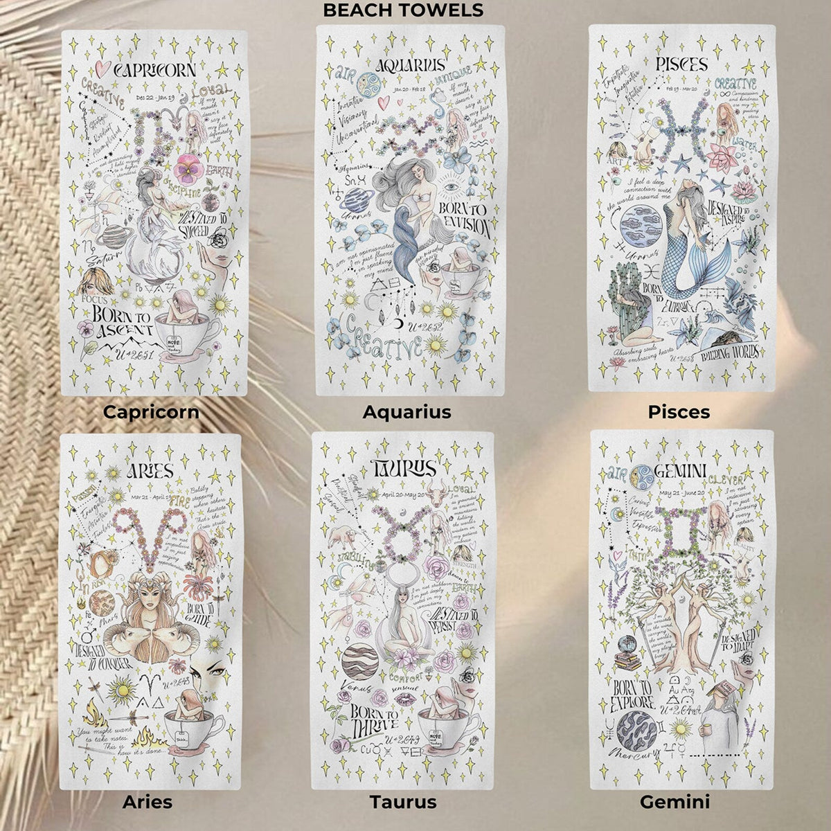 Zodiac Beach Towel Hand Illustrated Gemini Art Whimsical Summer Cloth Pisces Personalized Birthday Gift Women Astrology Present Daughter w.jpg