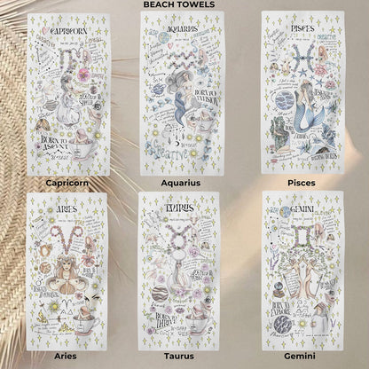 Zodiac Beach Towel Hand Illustrated Gemini Art Whimsical Summer Cloth Pisces Personalized Birthday Gift Women Astrology Present Daughter w.jpg