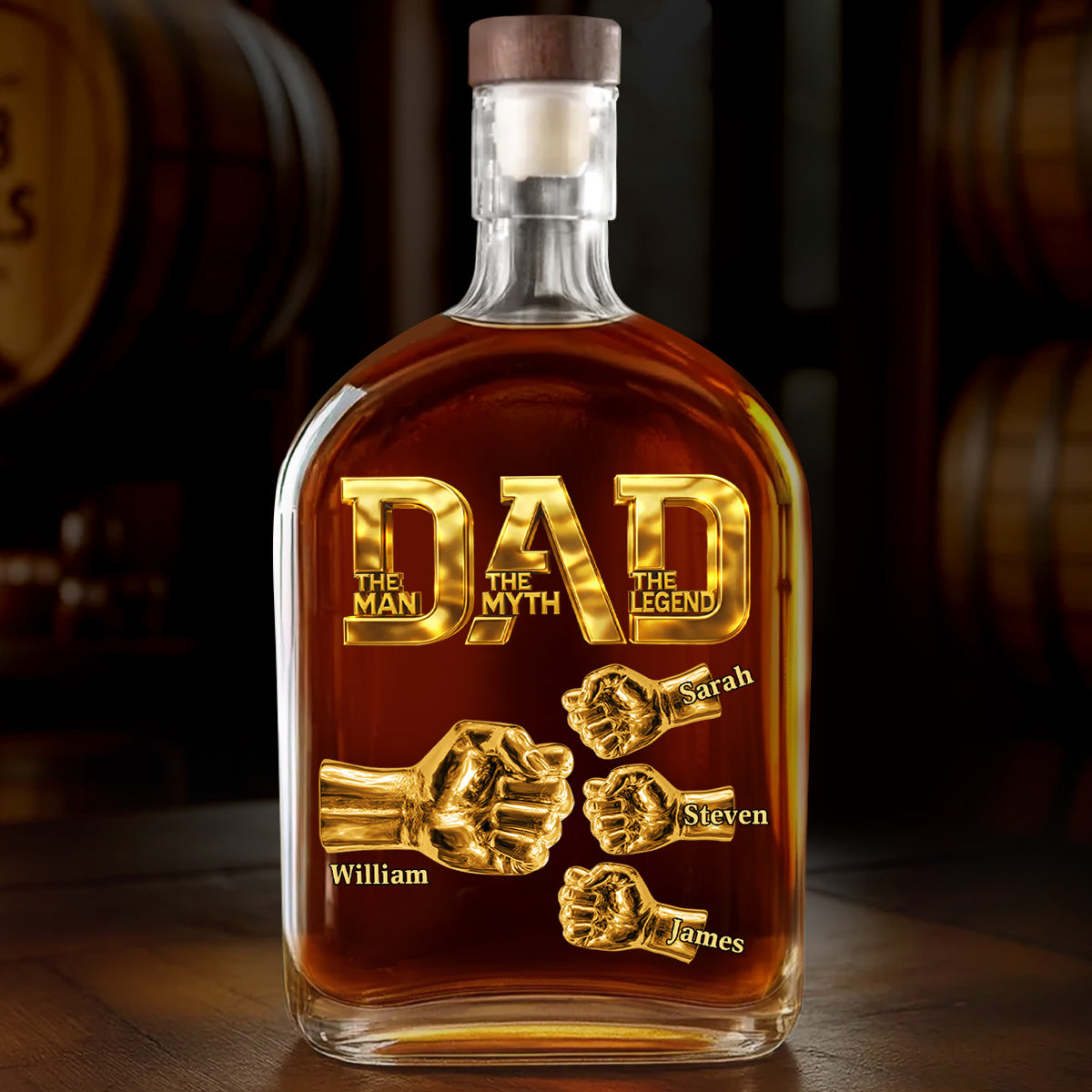 Dad The Man The Myth The Legend - Personalized Whiskey Bottle Fist Bump Daddy , Custom Whiskey Bottle with Kids Name, Gifts for Dad, Daddy, Grandpa, Husband On Fathers Days