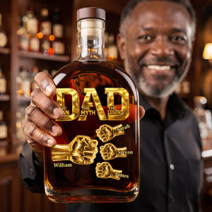 Dad The Man The Myth The Legend - Personalized Whiskey Bottle Fist Bump Daddy , Custom Whiskey Bottle with Kids Name, Gifts for Dad, Daddy, Grandpa, Husband On Fathers Days